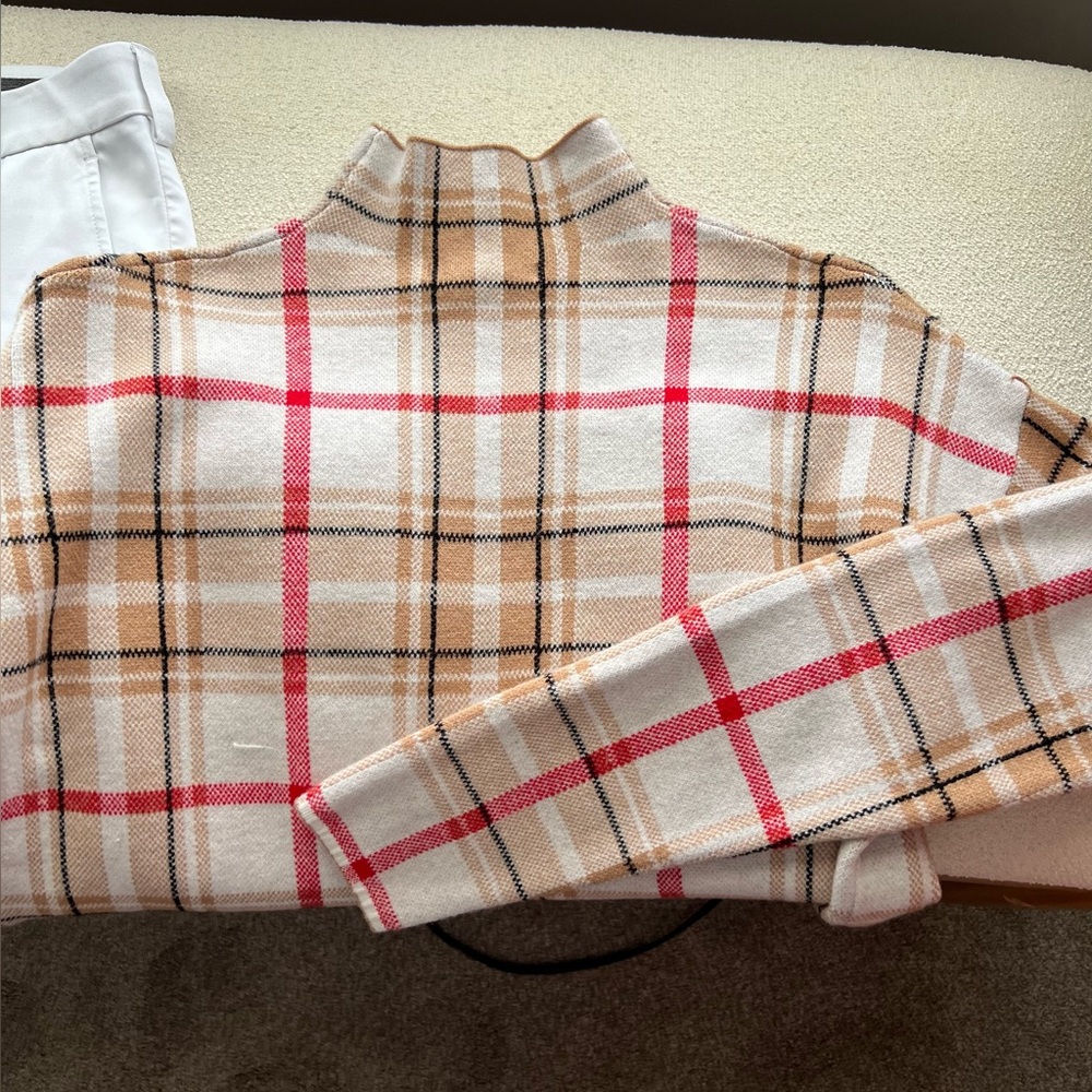 Tahari Plaid Crew Neck Sweater - Beige, Red, Black